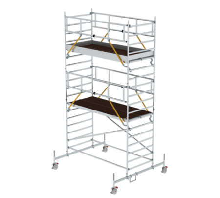 Hochwertiges Gerüst mit Treppe und Plattform, ideal für Bau- und Renovierungsarbeiten, bietet sichere Aufstiegsmöglichkeiten und stabile Arbeitsflächen für professionelle Handwerker.