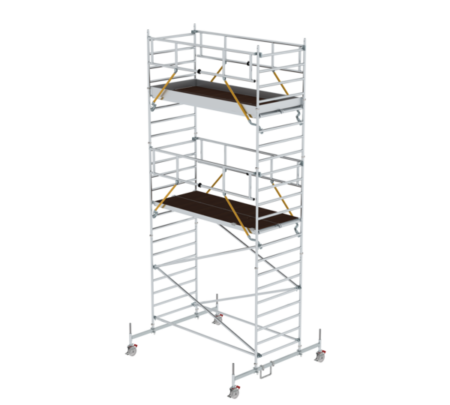 Hochwertige mobile Gerüsttreppe aus Aluminium, ideal für sichere Höhenarbeit, leicht und stabil, geeignet für Bau, Renovierung und Wartung.
