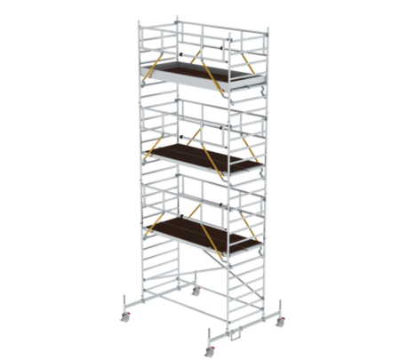 Hochwertiges Rollgerüst mit integrierter Treppe, ideal für Bau- und Renovierungsarbeiten, bietet stabile Plattformen und einfache Mobilität für sichere Höhenarbeit.
