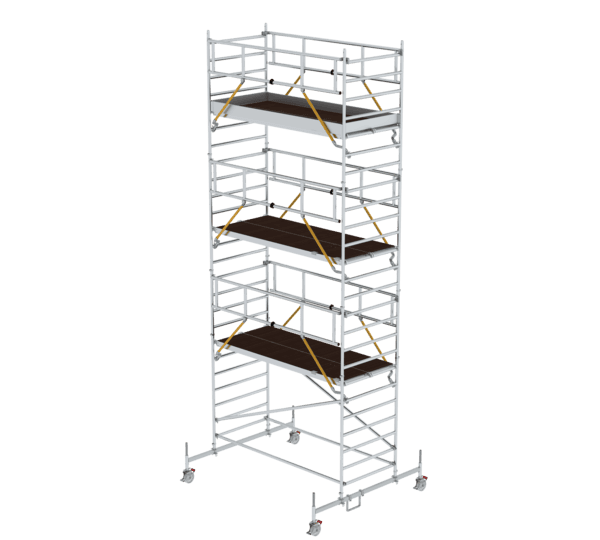Hochwertiges Rollgerüst mit integrierter Treppe, ideal für Bau- und Renovierungsarbeiten, bietet stabile Plattformen und einfache Mobilität für sichere Höhenarbeit.