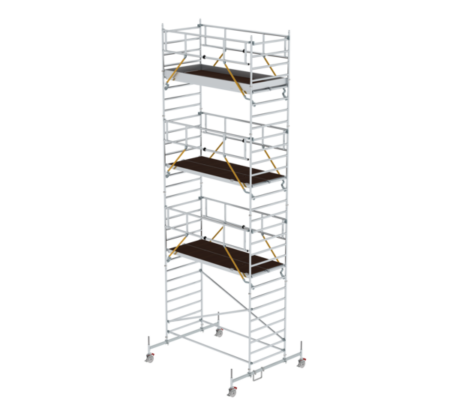 Hochwertige mobile Gerüsttreppe aus Aluminium mit rutschfesten Stufen und stabiler Konstruktion, ideal für Bau- und Wartungsarbeiten.