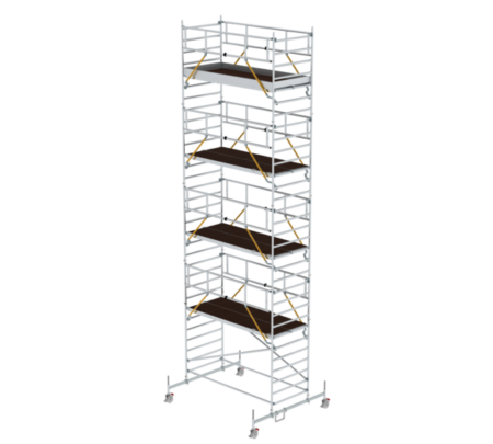 Robustes, mobiles Rollgerüst aus Aluminium mit mehreren Plattformen, ideal für Arbeiten in der Höhe bei Bau, Renovierung und Wartung. Leicht, stabil und einfach zu transportieren.