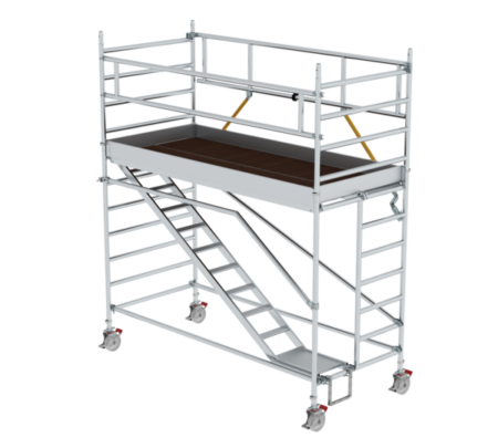 Hochwertiges Rollgerüst für Bauarbeiten, leicht beweglich und stabil, ideal für Arbeiten in der Höhe. Perfekt für professionelle Handwerker und Heimwerker.
