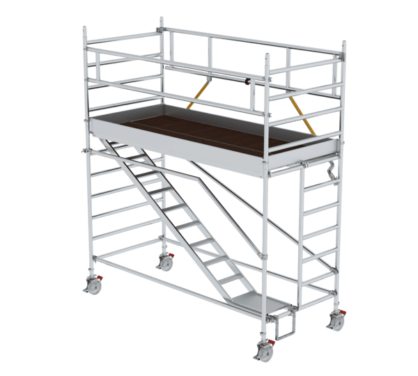 Hochwertiges Rollgerüst für Bauarbeiten, leicht beweglich und stabil, ideal für Arbeiten in der Höhe. Perfekt für professionelle Handwerker und Heimwerker.