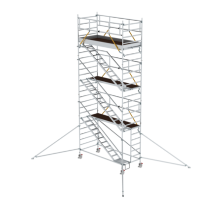Hochwertige mobile Gerüsttreppe aus Aluminium, ideal für Bau- und Renovierungsarbeiten, mit stabilen Stufen und Sicherheitsgeländern für sicheren Aufstieg.
