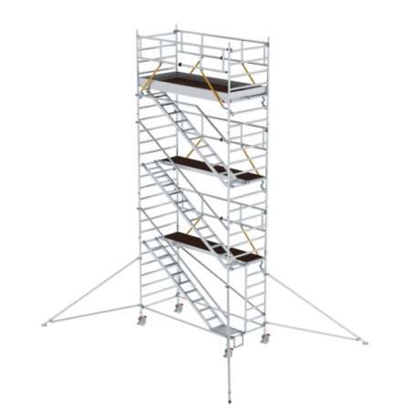 Hochwertige mobile Gerüsttreppe aus Aluminium, ideal für Bau- und Renovierungsarbeiten, mit stabilen Stufen und Sicherheitsgeländern für sicheren Aufstieg.