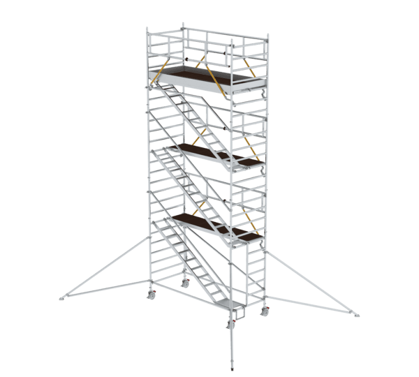 Hochwertige mobile Gerüsttreppe aus Aluminium, ideal für Bau- und Renovierungsarbeiten, mit stabilen Stufen und Sicherheitsgeländern für sicheren Aufstieg.