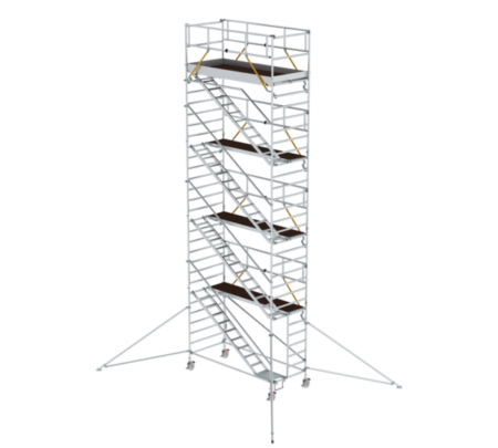 Mobile Gerüsttreppe aus Aluminium, ideal für Bau- und Wartungsarbeiten, bietet sicheren Aufstieg und stabile Plattformen für professionelle Nutzung.