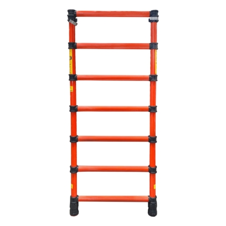 Rotes und schwarzes Rollgerüst aus Aluminium für Bau- und Renovierungsarbeiten, stabil und leicht zu transportieren.