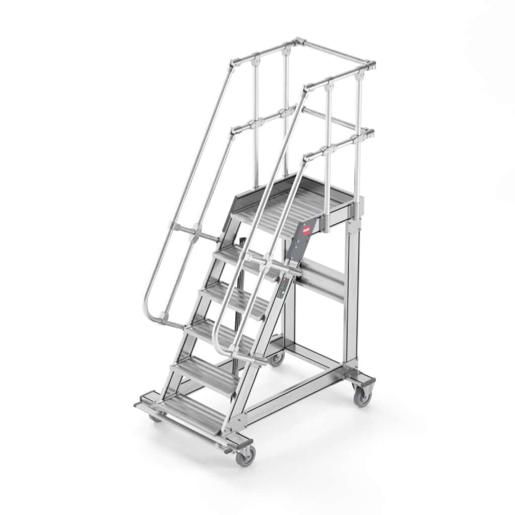 Hochwertiges Rollgerüst aus Aluminium mit Sicherheitsgeländer und rutschfesten Stufen, ideal für Bau- und Renovierungsarbeiten in der Höhe.