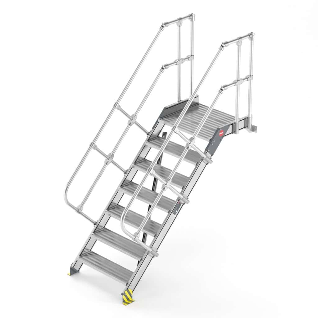 Stahlrollgerüst mit rutschfesten Stufen und Geländern, ideal für Bau- und Renovierungsarbeiten, bietet Sicherheit und Stabilität auf der Baustelle.