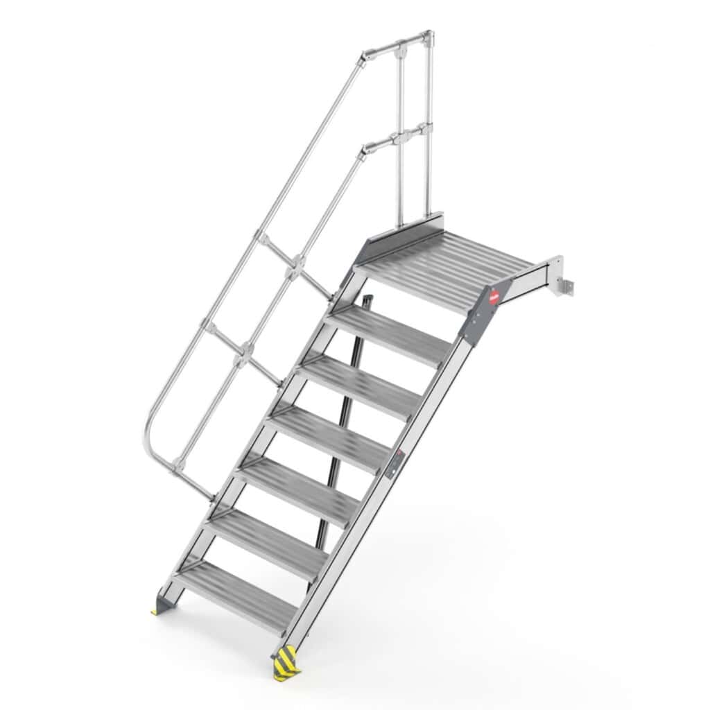 Stahlrollgerüst mit rutschfester Plattform und Geländer, ideal für Bau- und Renovierungsarbeiten.