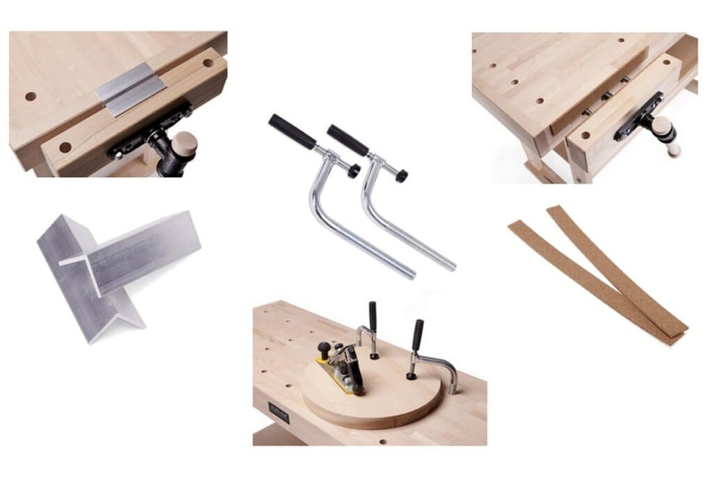 Verschiedene Komponenten und Zubehör für das Mein Rollgerüst, inklusive Holzplatten, Schrauben, Winkel und Werkzeuge für den Gerüstaufbau.