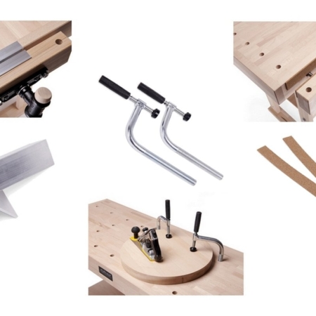 Verschiedene Komponenten und Zubehör für das Mein Rollgerüst, inklusive Holzplatten, Schrauben, Winkel und Werkzeuge für den Gerüstaufbau.