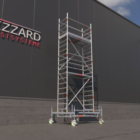 Sicheres Rollgerüst auf Baustelle, leicht bewegbar, ideal für Arbeiten auf verschiedenen Höhen bei Renovierungen und Fassadenarbeiten.