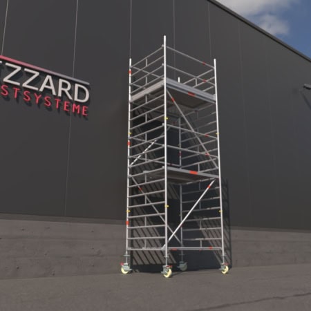 Hochwertiges, saniertes Rollgerüst für sichere Arbeiten in der Höhe, vielseitig einsetzbar und mobil auf Rollen, ideal für Renovierung, Fassadendekoration und Bauarbeiten.