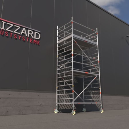 Hochwertiges Rollgerüst von Mein Rollgerüst vor einer blauen Himmelwand, ideal für Renovierungen, Wartung und Bauarbeiten. Flexibel, mobil und einfach zu montieren.