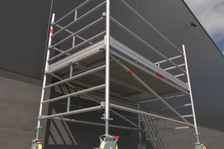 Hochwertiges Rollgerüst für leichte und sichere Arbeiten an Gebäuden, ideal für Renovierungen, Anstriche und Wartungen. Robustes, leicht zu transportierendes Aluminiumgerüst mit Rollen.