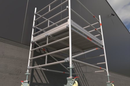 Helles Aluminium-Gerüst für Arbeiten an Gebäuden, leicht und stabil, ideal für Renovierungen und Fassadenschutz. Einfacher Aufbau mit höhenverstellbaren Stützen, geeignet für professionelle und private Nutzung.