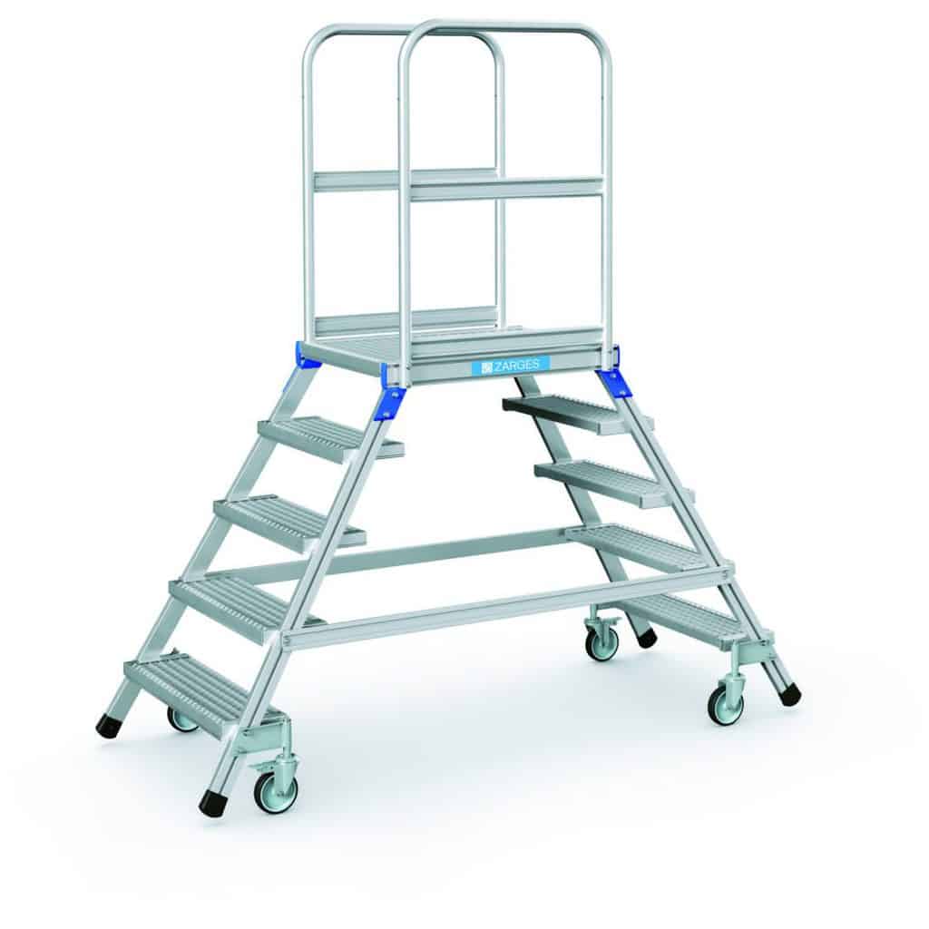 Zarges - Podesttreppe · fahrbar · beidseitig begehbar · mit Stahl-Gitterrost-Stufen und Plattform