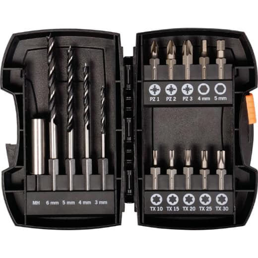 PROJAHN - Bohrer-Bit-Box 15-tlg. Holzbohrer mit E 6.3 Schaft Ø 3, 4, 5, 6 mm Bits: PZ, TX, Hex