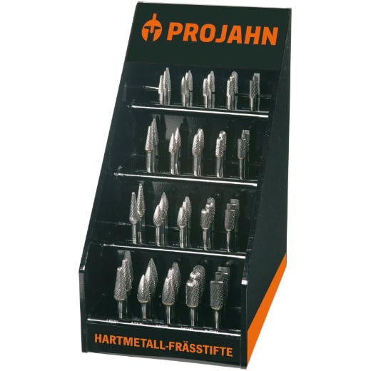 PROJAHN - Frässtifte HM, 40tlg. im Präsentationsdisplay je 2x Form B, C, F, G, L Durchmesser 6.0, 8.0, 9.6, 12