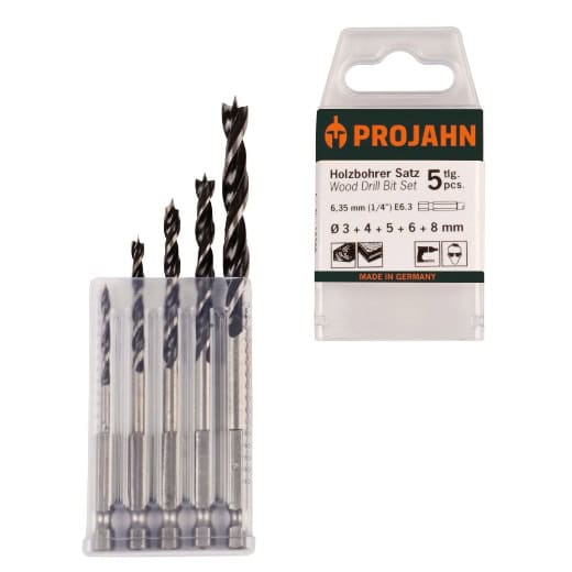 PROJAHN - Holzspiralbohrer Satz 6-kant Schaft E6.3 5-tlg. (3, 4, 5, 6, 8 mm)
