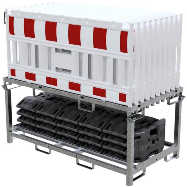 Schake - SET mit 20 Absperrschrankgitter und 21 Fußplatten auf Lager- und Transporttraverse