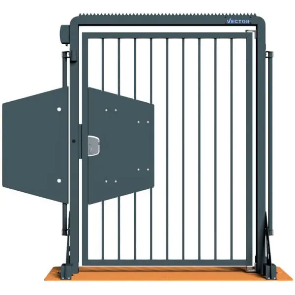 Schake - Mobile Tür V-Door — Farbe: verzinkt + schwarz-matt pulverbeschichtet, auf Plattform montiert, Zauntyp: Bauzaunmodul