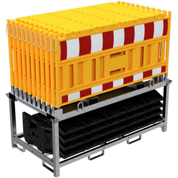 Schake - SET mit 20 Absperrschrankengitter und 21 Fußplatten auf Lager- und Transporttraverse